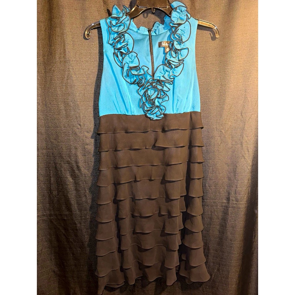 S.L. Fashions Dress Women 12 Teal Black Tiered Ruffle Cocktail Party Sleeveless